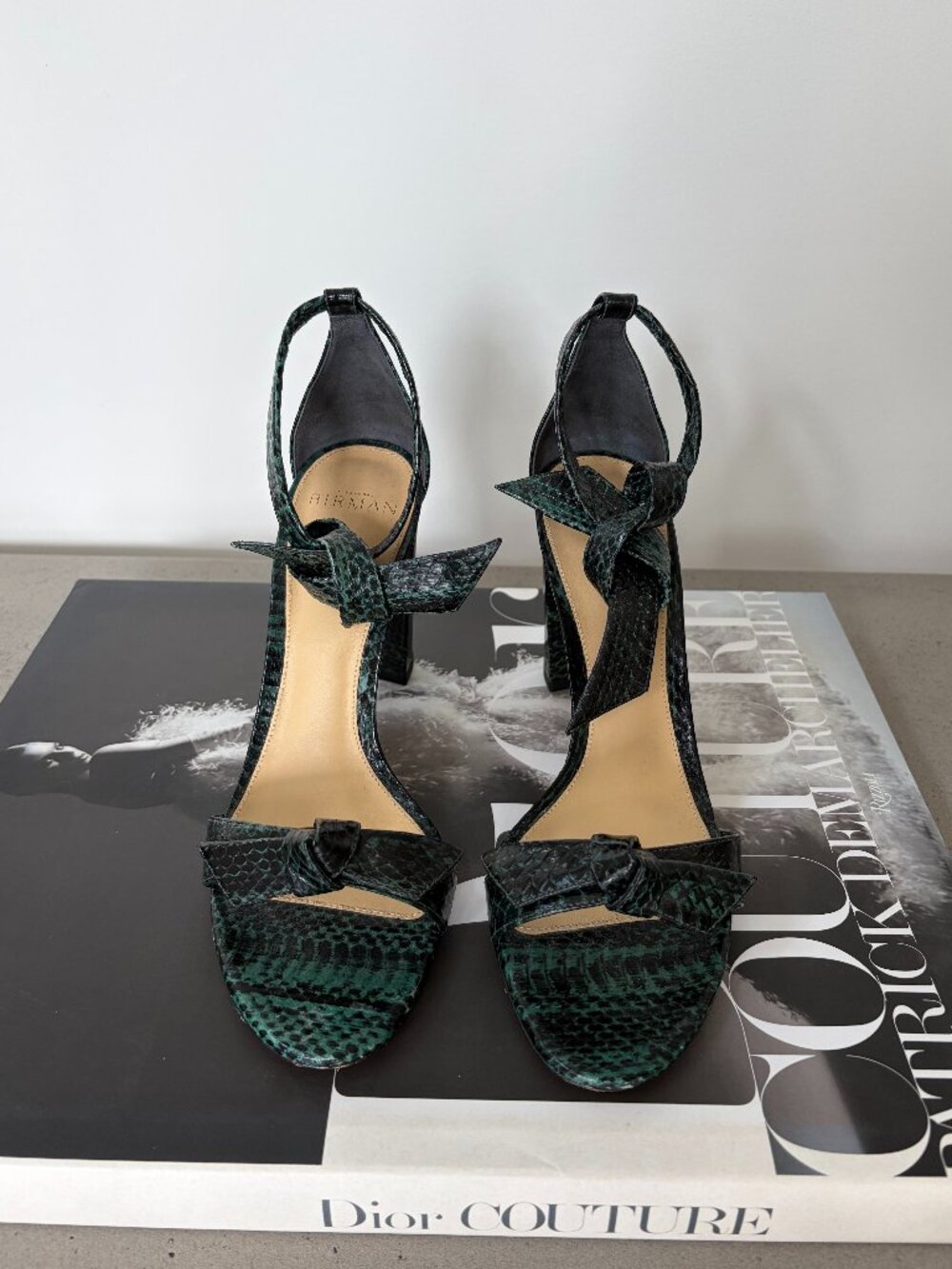 Alexandre Birman Clarita Snakeskin Block Heel Sandals 37.5 Green Black